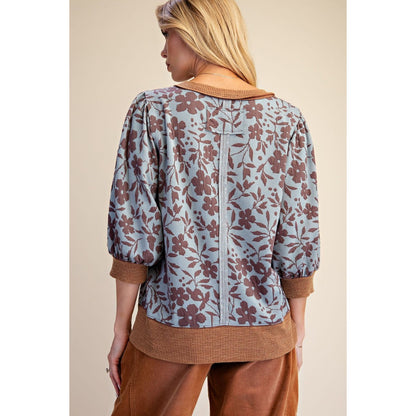 Floral Mineral Washed Top 0249 - Dusty Blue