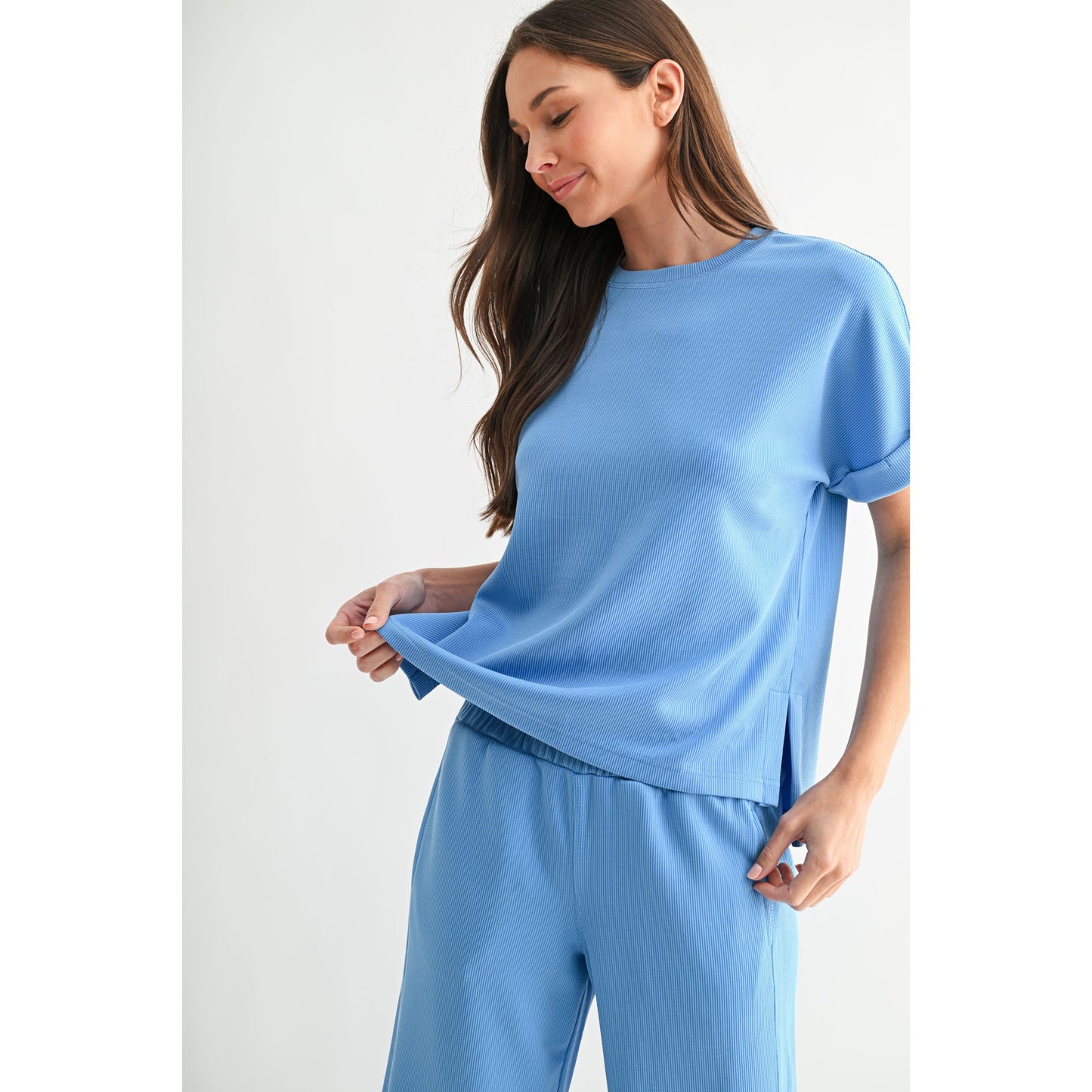 Luxe Sand Wash Rib Lounge Tee & Wide Leg Pant Set 5626 / 5378 – Denim Drift