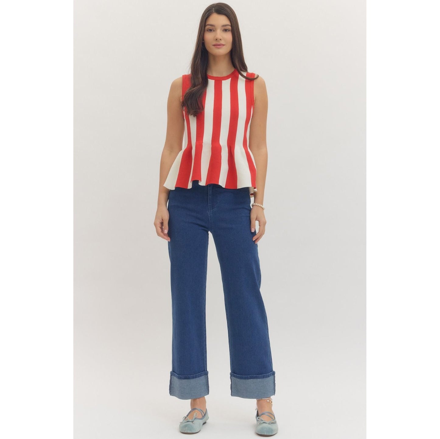 Red & White Striped Sleeveless Peplum Top – Knit Tank 1153