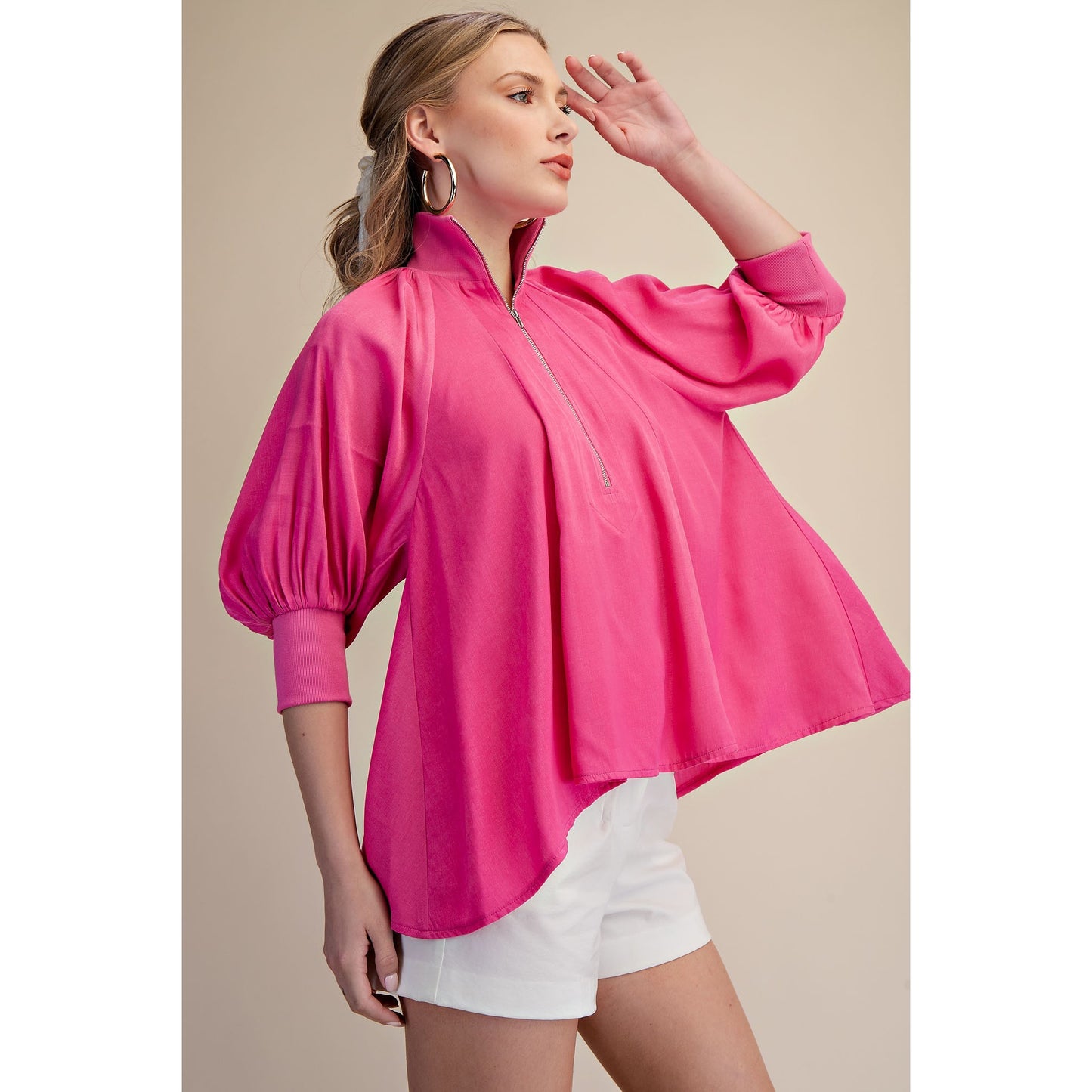 Hot Pink Half Zip Blouse – Mock Neck Puff Sleeve Top - 8080*