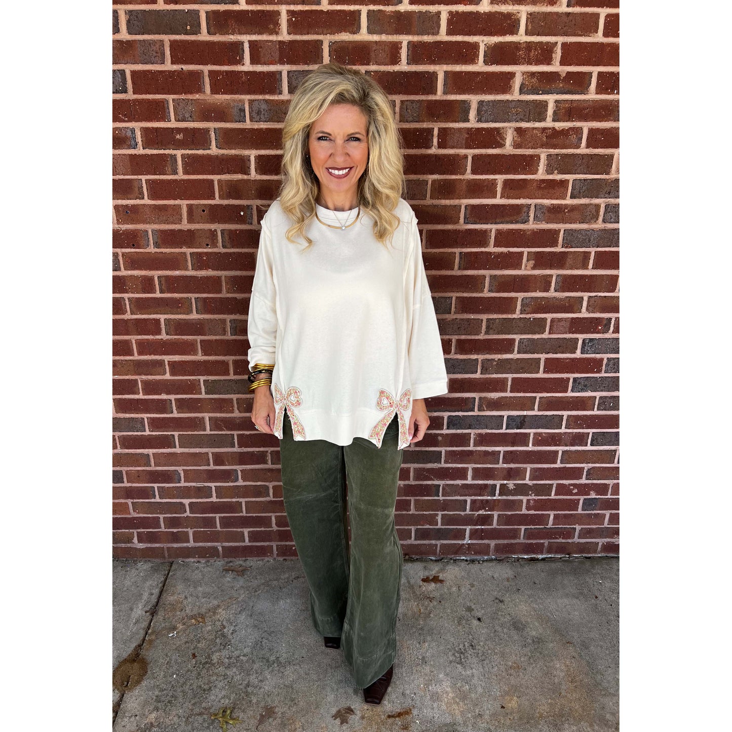 Easel - Bow Patch, Oversized, Washed, Terry Pullover Sweater Top 8101 - Cream