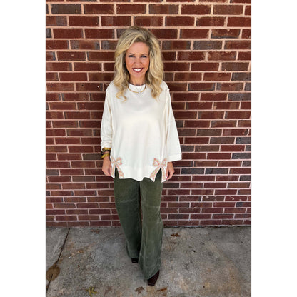 Easel - Bow Patch, Oversized, Washed, Terry Pullover Sweater Top 8101 - Cream