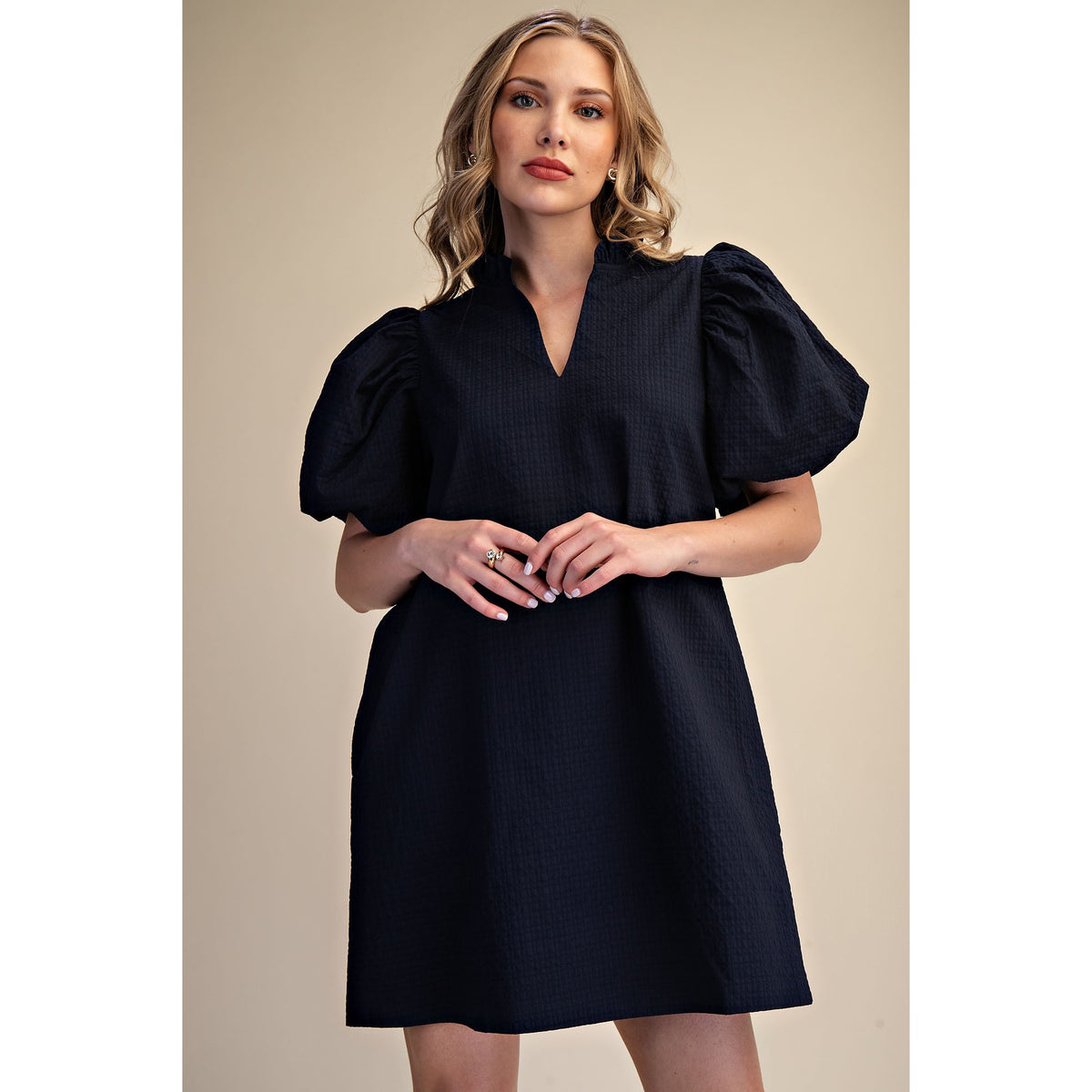 Textured Puff Sleeve Mini Dress – V-Neck Ruffle Dress with Pockets - 8084 - Navy