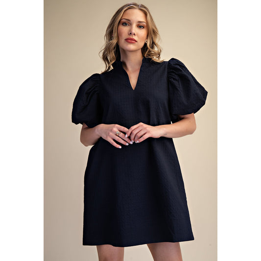 Textured Puff Sleeve Mini Dress – V-Neck Ruffle Dress with Pockets - 8084 - Navy