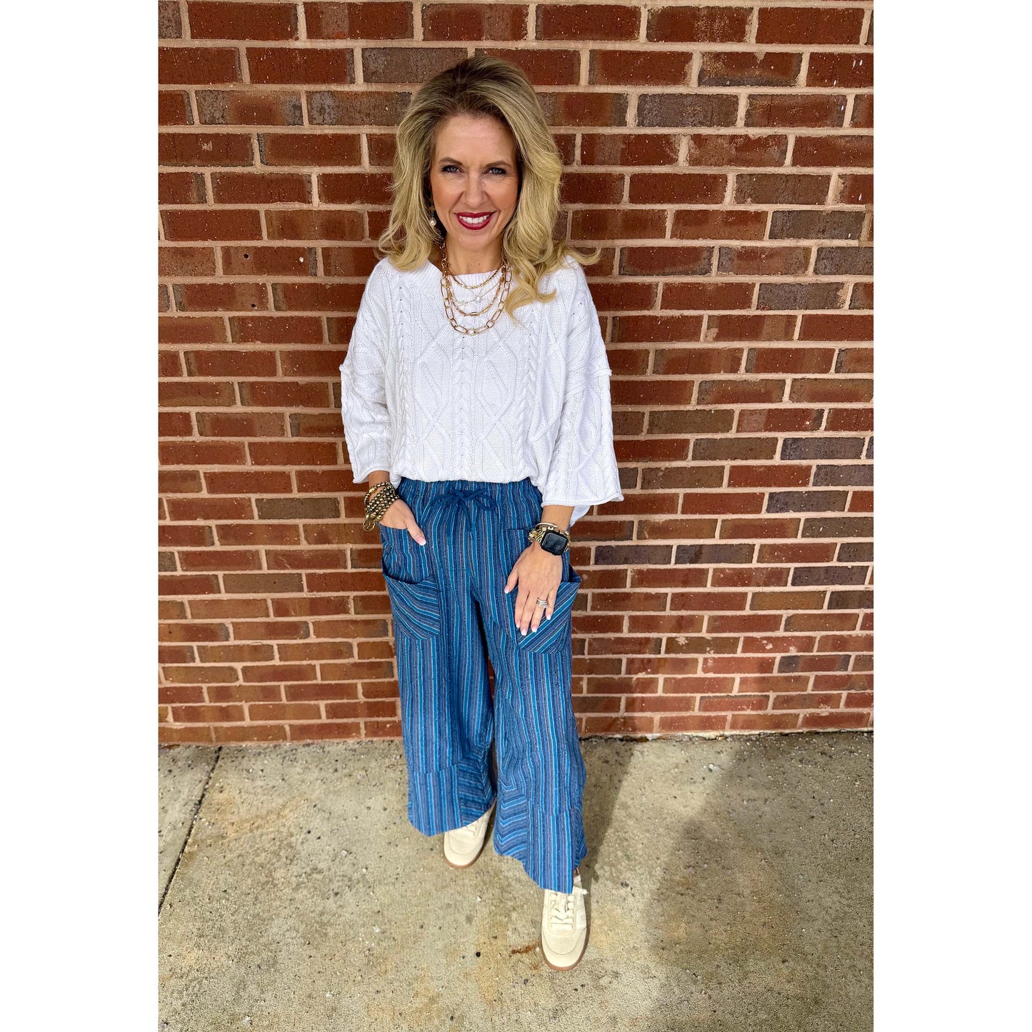 Easel - Textured, High Waist, Wide Leg Pants 0011 - Blue
