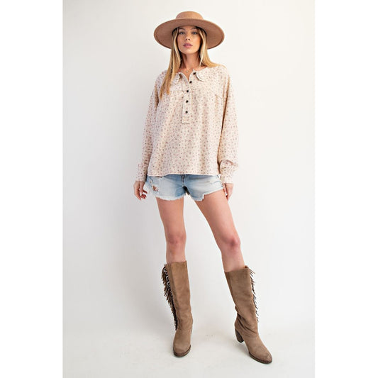 EL - Floral Print, Thermal Washed Top 7243 - Ecru