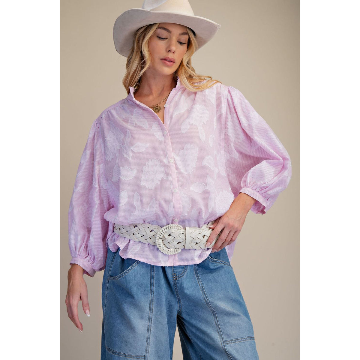 Easel - Striped, Floral Textured, ¾ Bubble Sleeve Top 1919 - Pink
