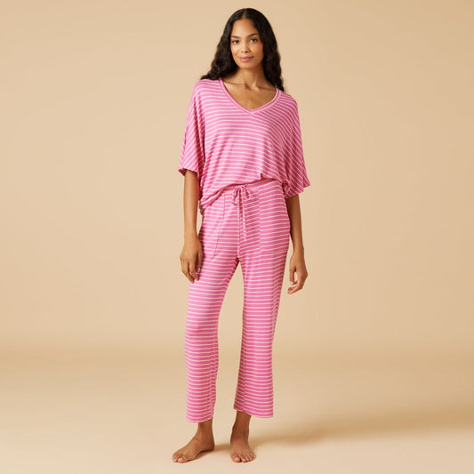Softies - Fuchsia Striped, Dream Relaxed V-neck with Capri Lounge Set