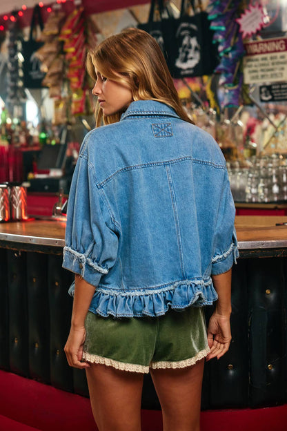 BL - Denim Ruffle Hemline Shirt Top 2444 - Denim -