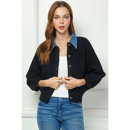 SAB - Sweater Cardigan w Denim collar 6054 - Black