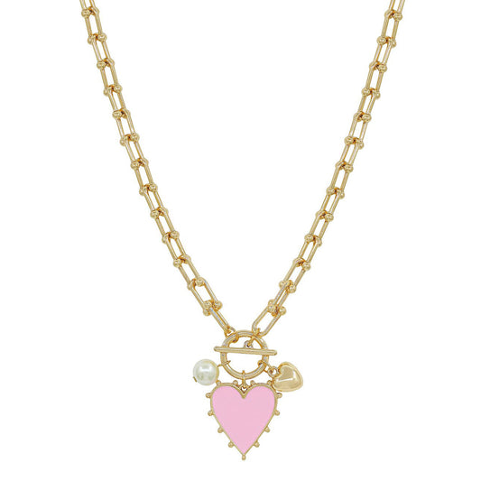 Gold Chain Necklace with Pink Studded Heart Charm 16"-18” Necklace -