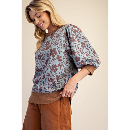 Floral Mineral Washed Top 0249 - Dusty Blue
