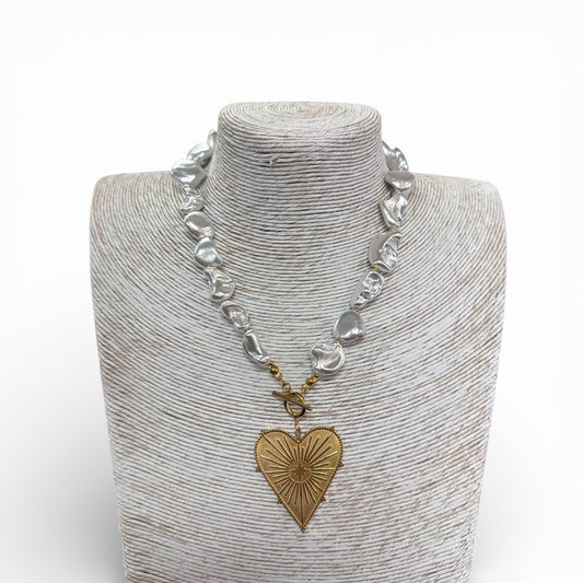 JP - Sunshine, Heart on Pearl Baroque Necklace - Gold