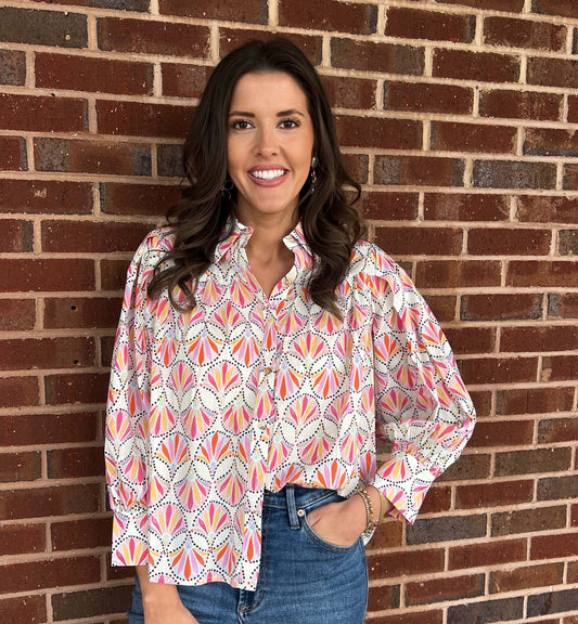 Pinch -  Printed, Button Down Shirt Top 5374 - Pink Multi