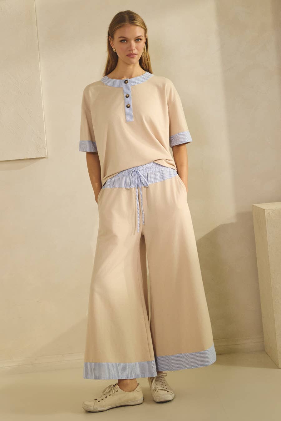 Contrast-trim Henley Top And Pants Set - Ivory