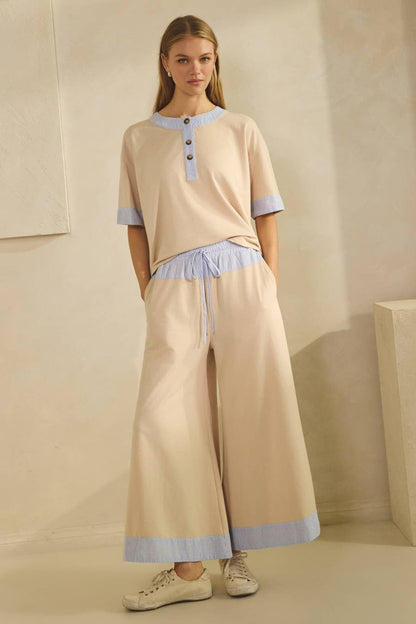 Contrast-trim Henley Top And Pants Set - Ivory