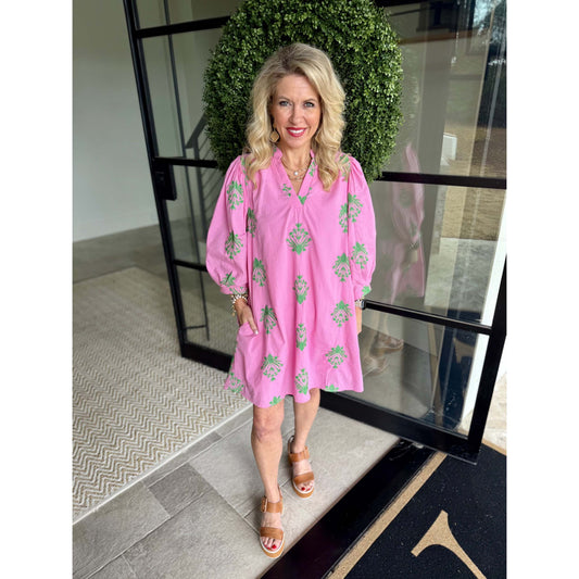 Entro - Embroidered, ¾, Puff Sleeve, Mini Dress 0226 - Pink