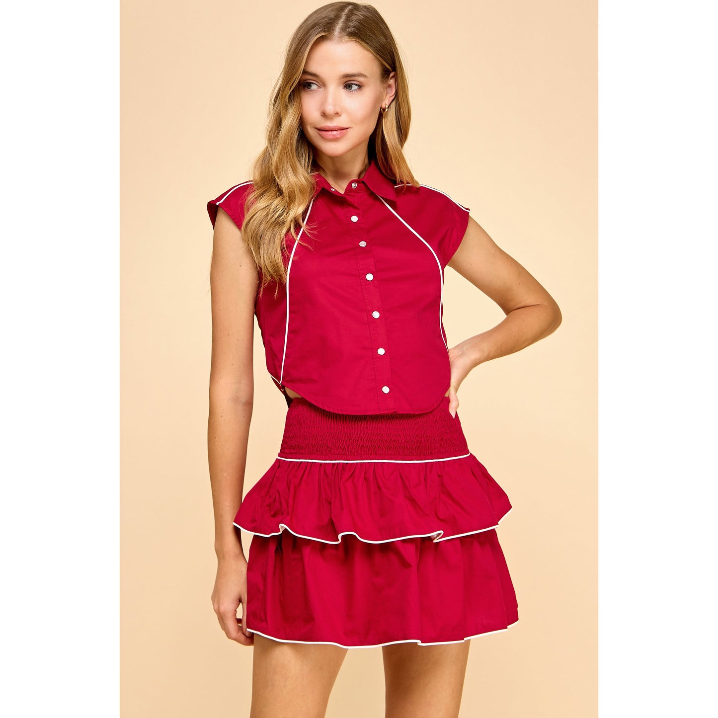 TCEC - Cropped Top w Contrast Piping Detail & Smocked Waistband, Tiered Ruffled Trim Mini Skort 3791 / 9321 - Crimson