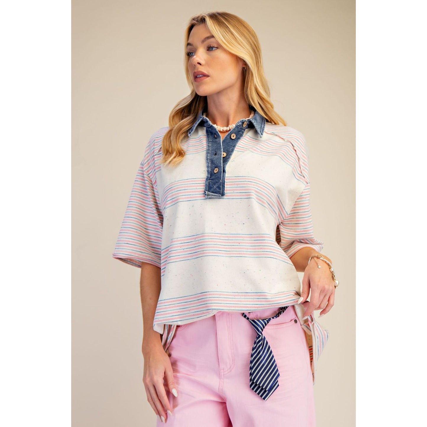 The Coastal Stripe Detail Top 1938 - Pink