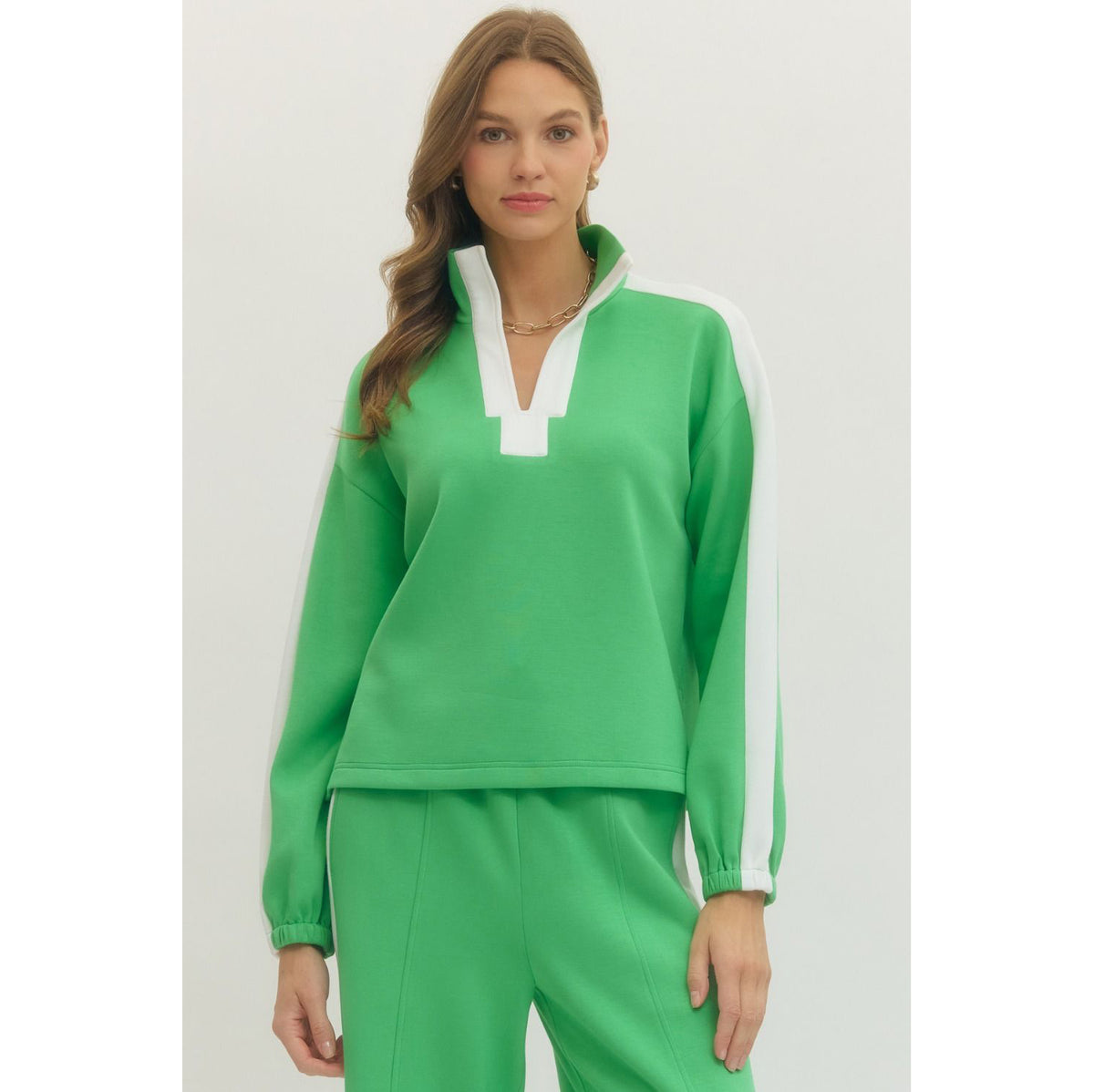 SALE- ENTRO -  Contrast accent, Top & Pants Set 8985 / 8984 - Kelly Green