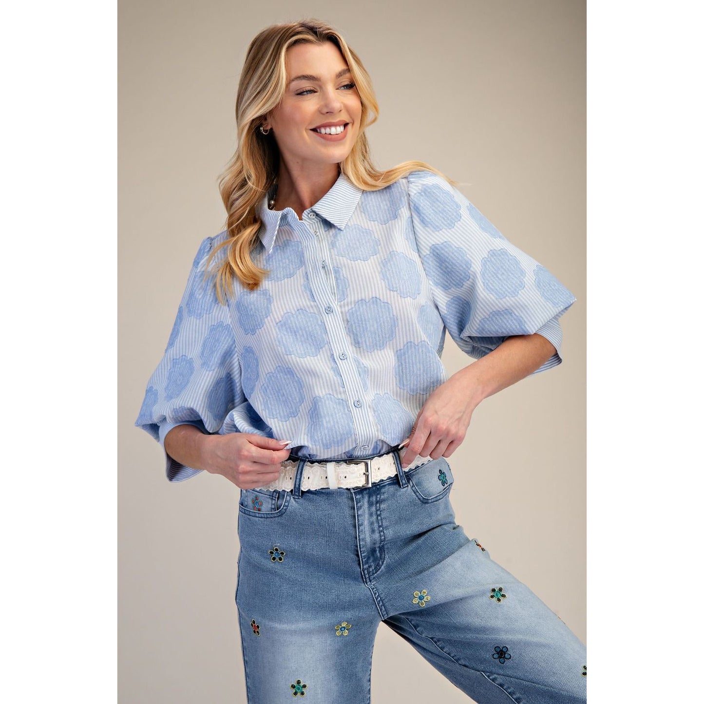 Easel - Striped, ¾ Bubble Sleeve, Button Down Top 1923 - Blue