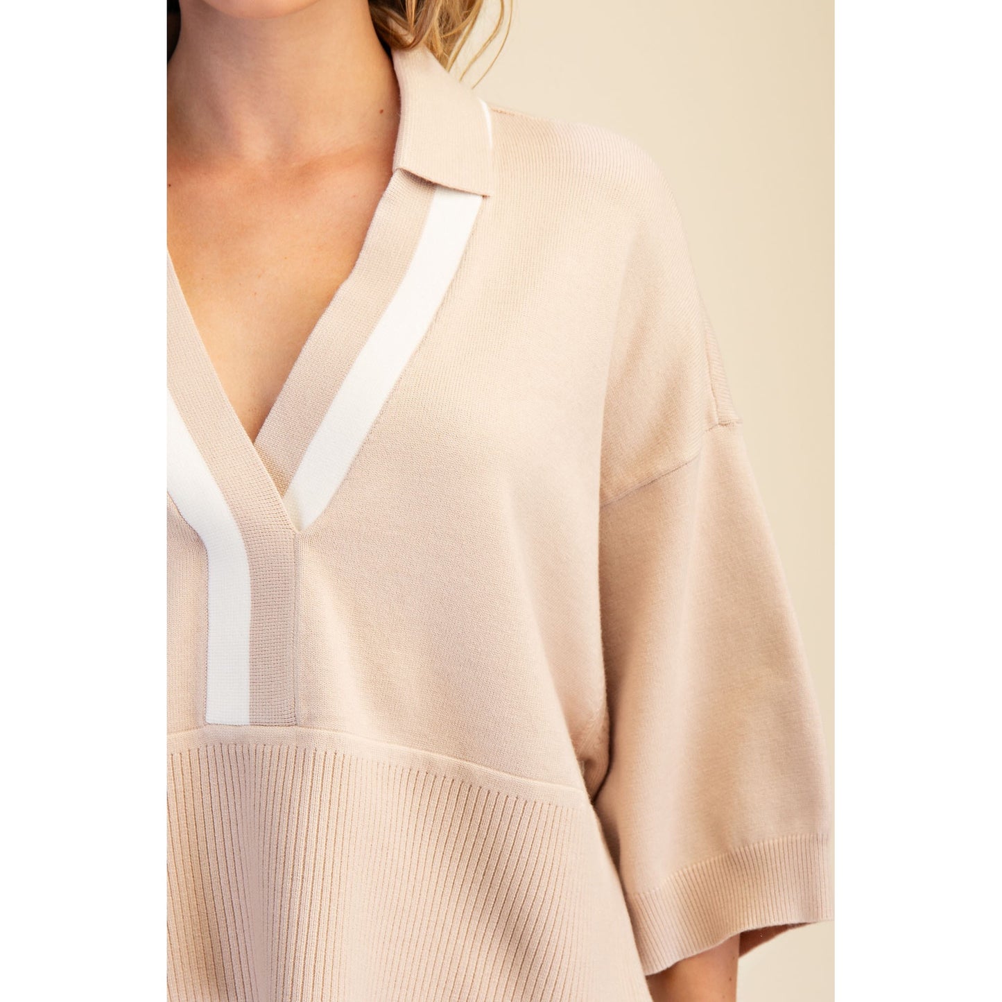 Taupe Contrast Trim Sweater – Loose Fit V-Neck Knit Top - 9684 -