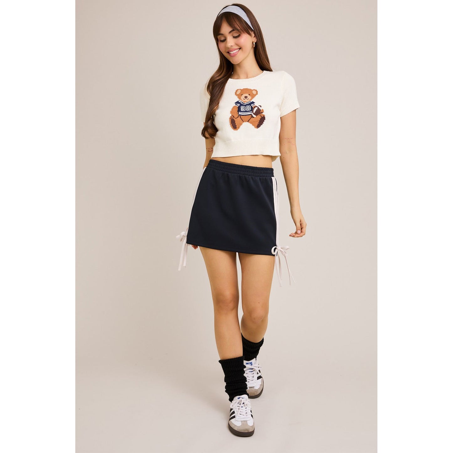 LL - Short Sleeve, Crew Neck, Teddy Bear Sweater Top 5170 - White / Navy
