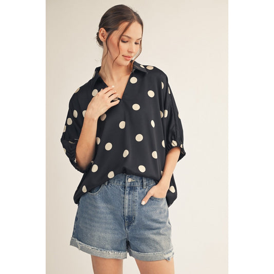 Polka Dot Satin Blouse – Relaxed Fit Collared Top 3482 - Black / Cream
