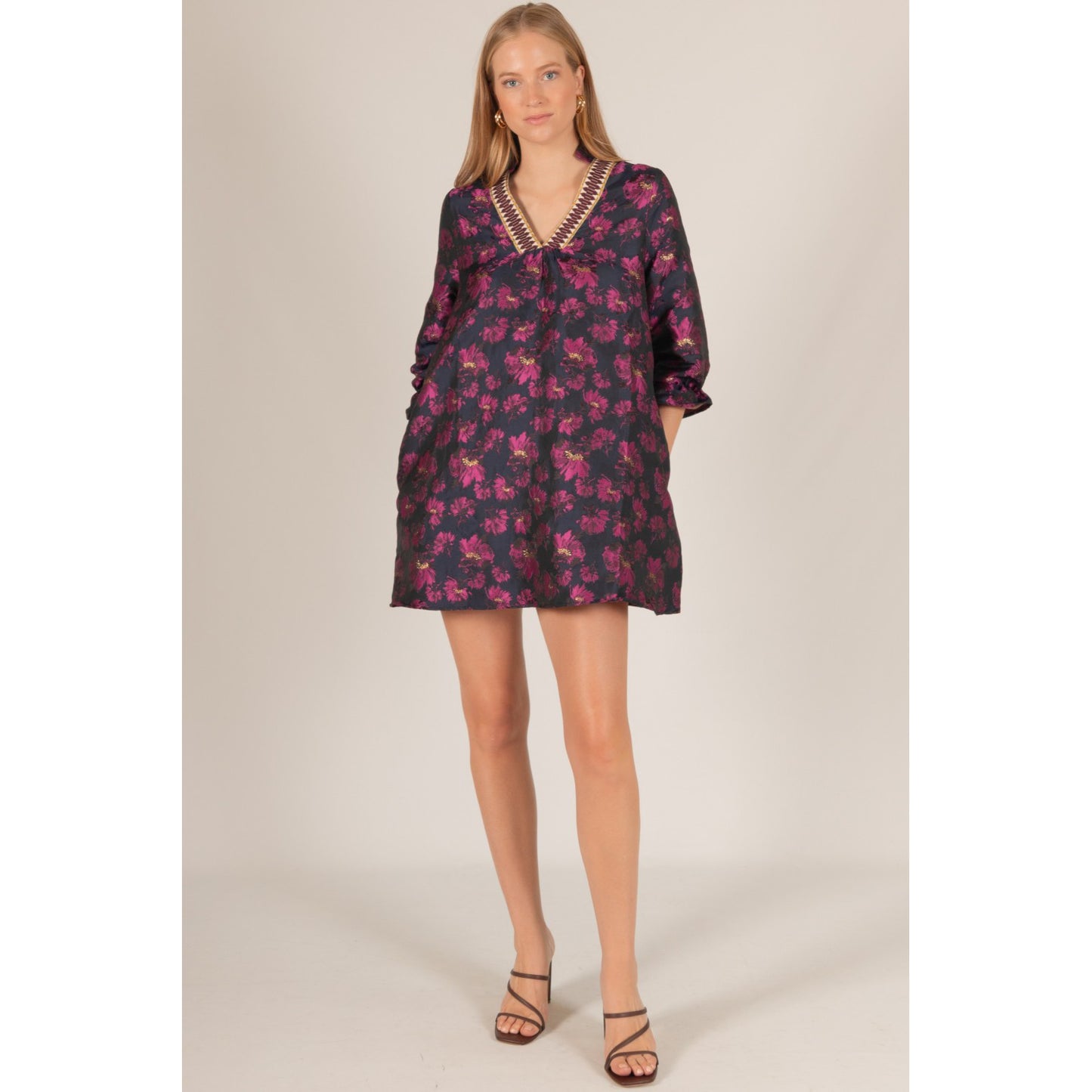 BYC - Floral Jacquard, ¾ Sleeve, Dress w Contrast Collar 0472 - Navy / Fuchsia