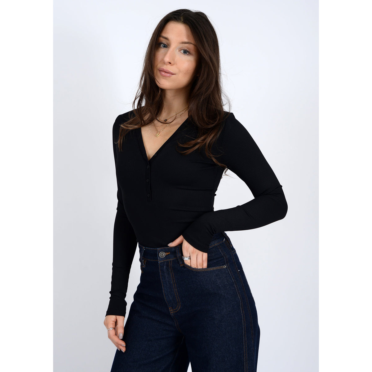 RDI - Helena, Ribbed Henley Top 087 - Black