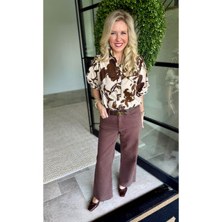 Floral Puff Sleeve Button-Up Top 2550 – Cream & Chocolate