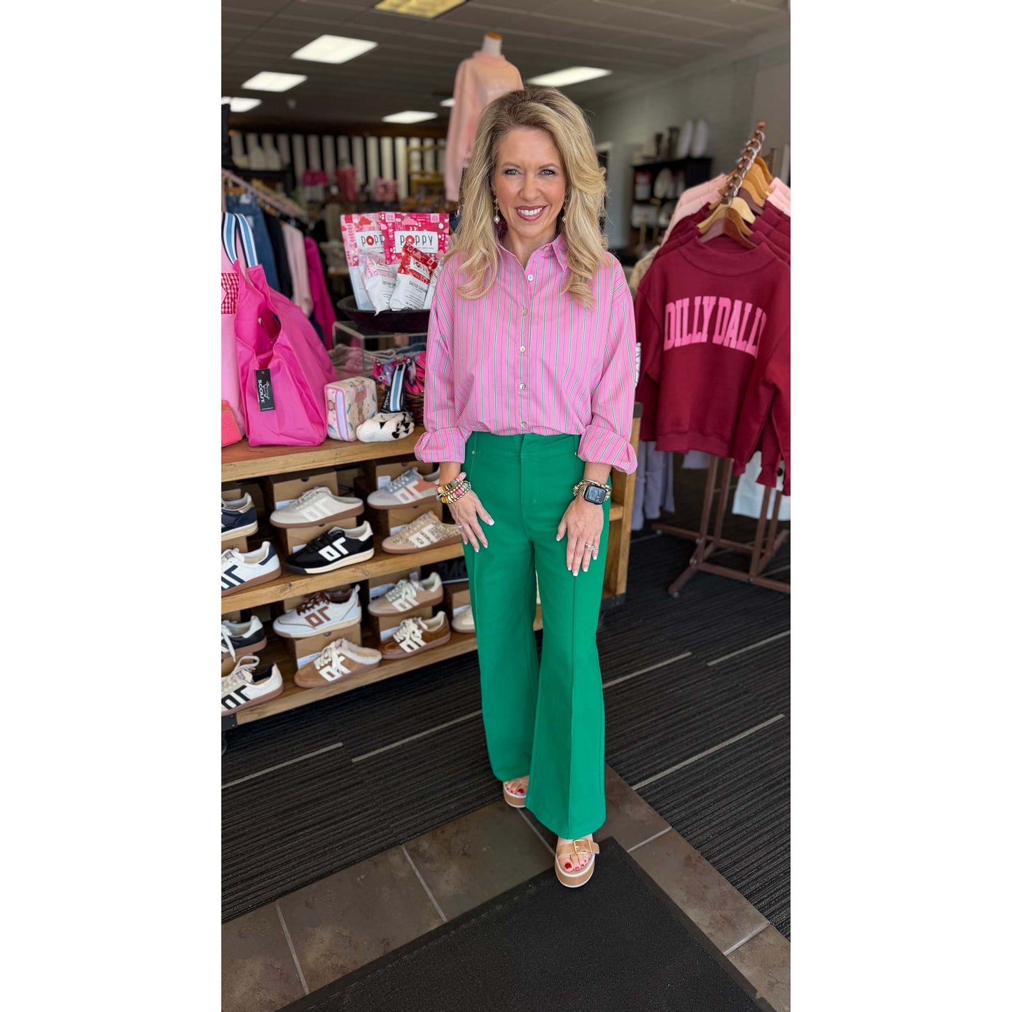 Entro - Striped, Long Sleeve Button Up Top 0121 - Pink