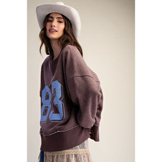 Washed “83” Print Graphic Pullover Top 9646 – Mocha