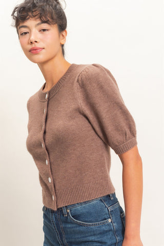 DZ-Button Front Puff Sleeve Knit Cardigan 960 – Ash Brown