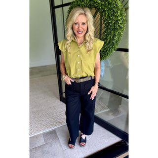Karlie Solid Poplin Bubble Sleeve Button Top – Citrine
