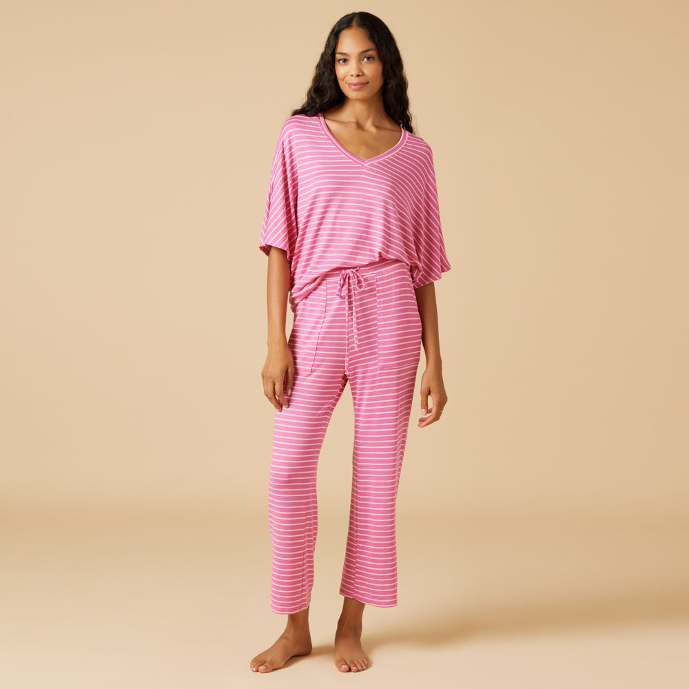 Softies - Fuchsia Striped, Dream Relaxed V-neck with Capri Lounge Set