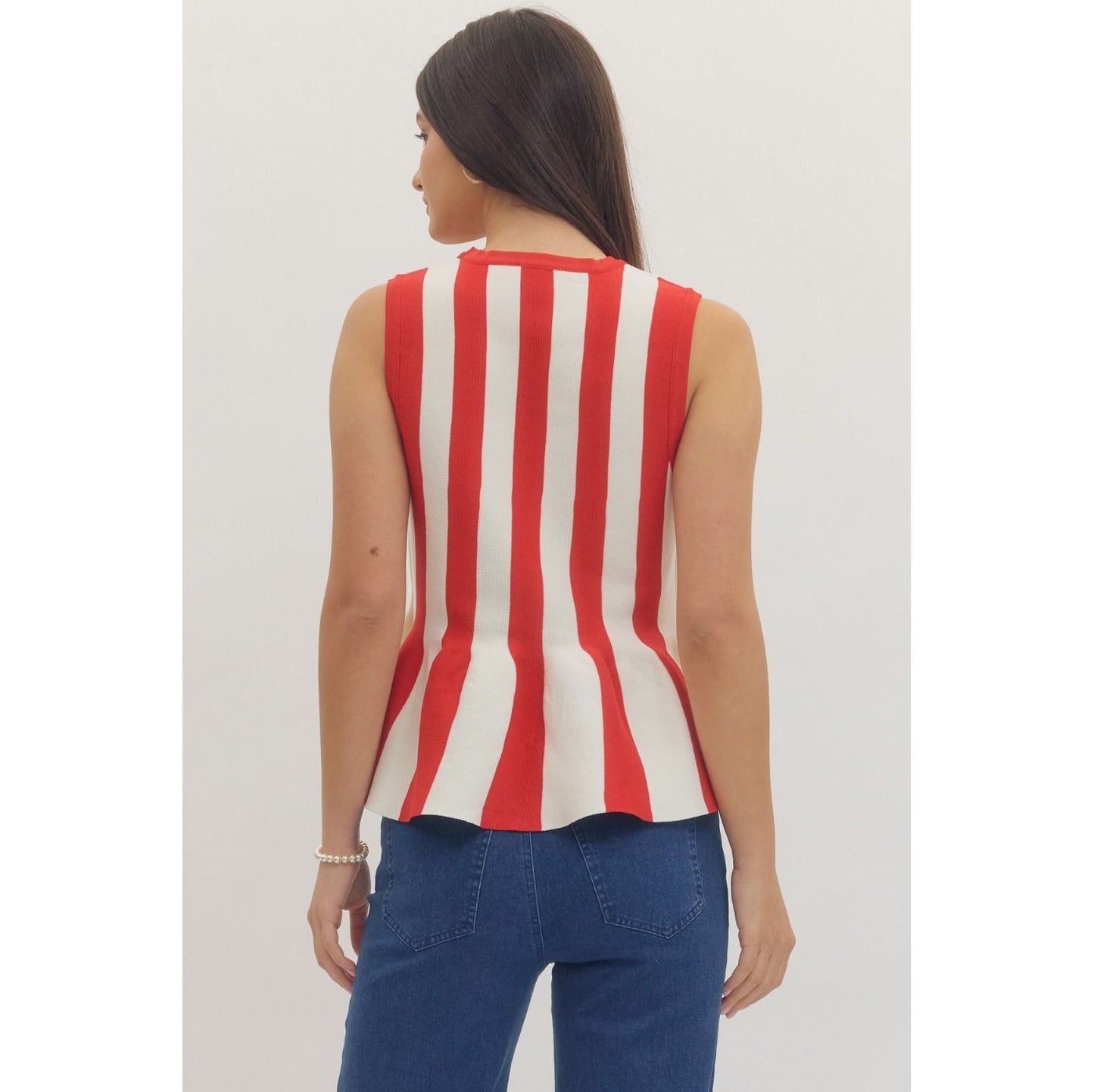 Red & White Striped Sleeveless Peplum Top – Knit Tank 1153