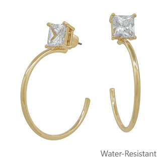 Water Resistant Square Stone Stud with Gold 1.5" Hoop Earring