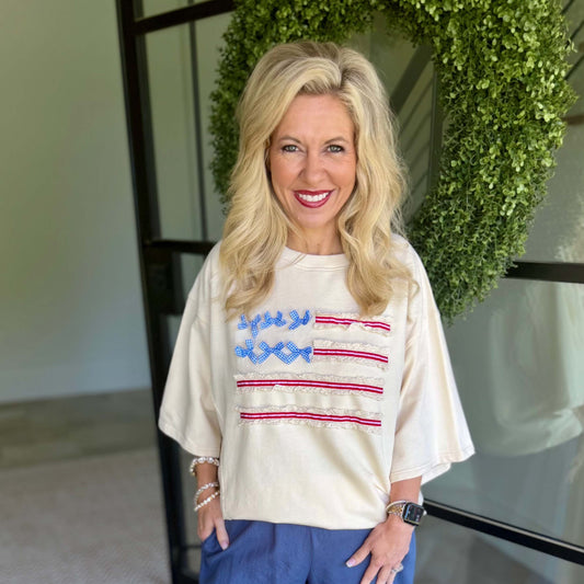 American Flag Washed Terry Pullover Top – Ivory 1893