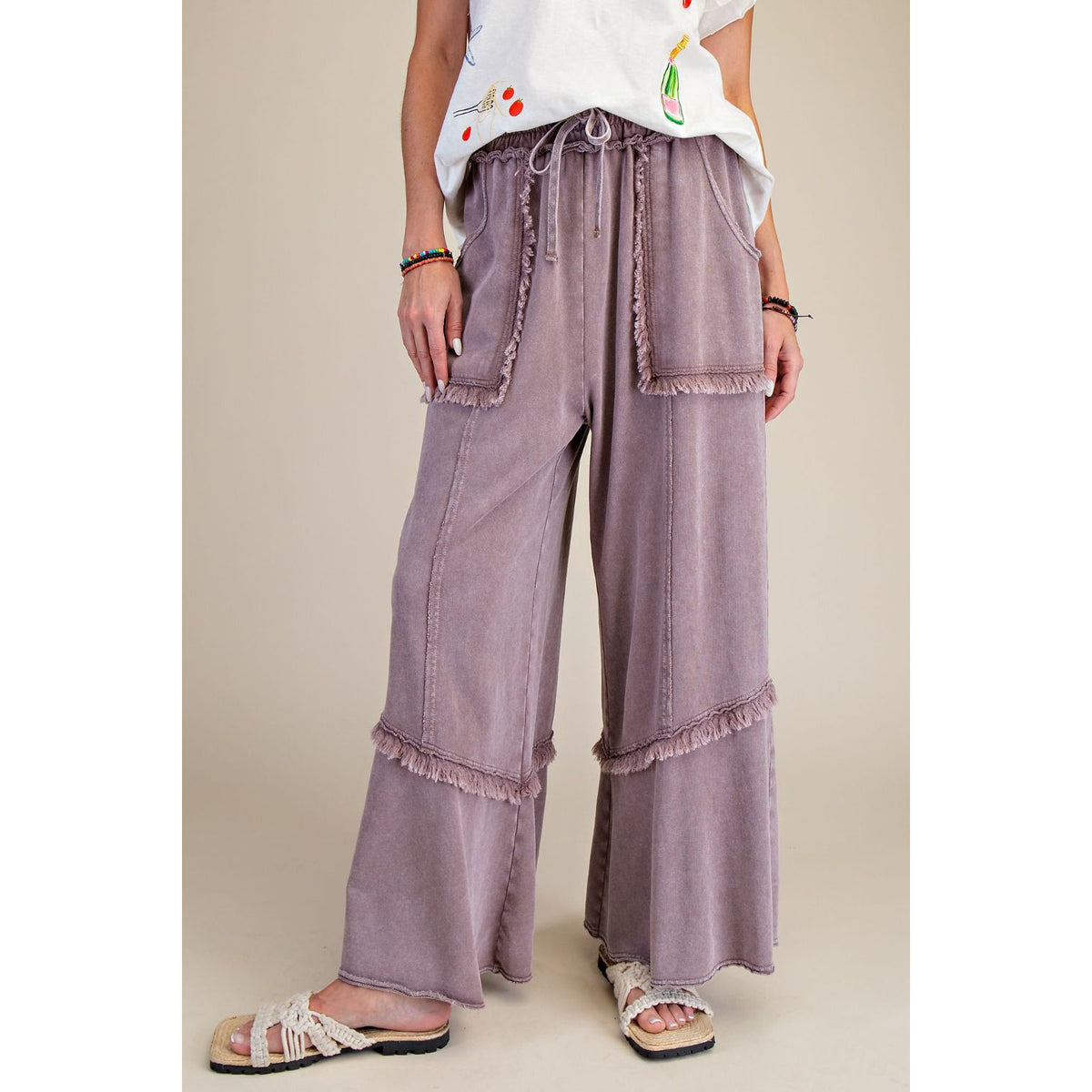 Easel - Wide Leg, Mineral Washed, Terry Pants 7698 - Mocha