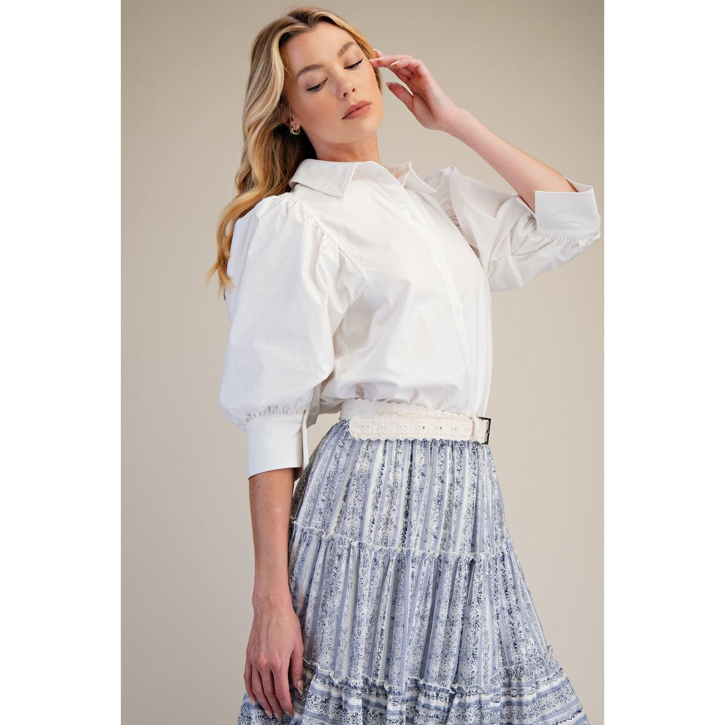Easel - Short Sleeve, Puff Sleeve Button Down Top 9047 - White