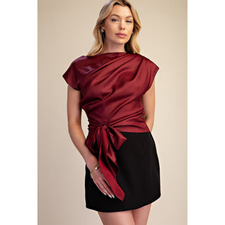 Burgundy Asymmetrical Neck Waist-Tie Blouse Top 8272 - Burgundy