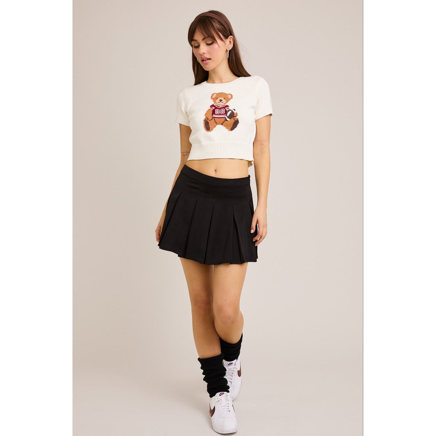 LL - Short Sleeve, Crew Neck, Teddy Bear Sweater Top 5170 - White / Red