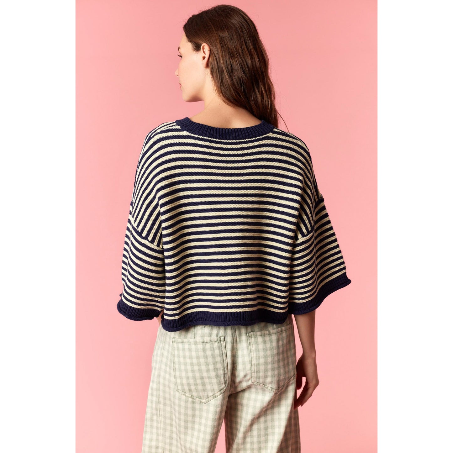 Striped Half Sleeve Oversize Cardigan - Navy / Ivory