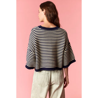 Striped Half Sleeve Oversize Cardigan - Navy / Ivory