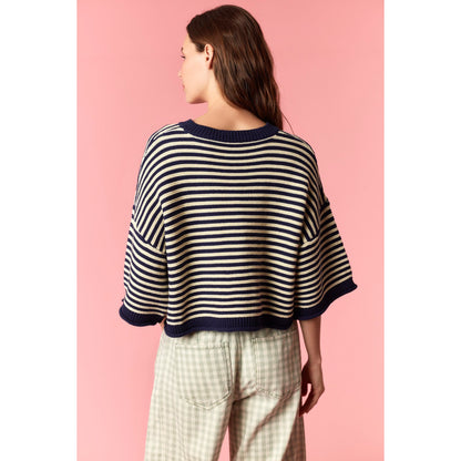 Striped Half Sleeve Oversize Cardigan - Navy / Ivory