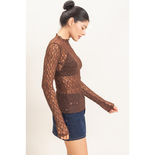 Lace Mock Neck Long Sleeve Top 033 – Chocolate