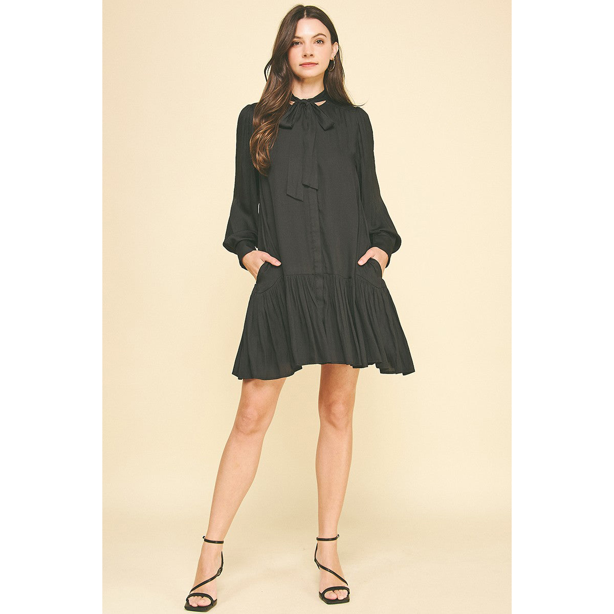 Pinch -  Tiered Mini Dress With Tie Neck 6115 - Black.