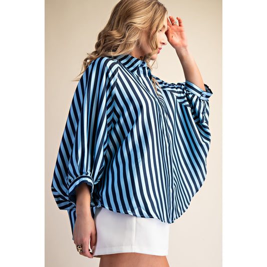 Oversized Blue Stripe Button Down Shirt with Balloon Dolman Sleeves 8932
