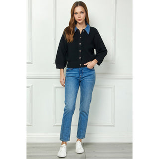 SAB - Sweater Cardigan w Denim collar 6054 - Black